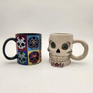 Day Of The Dead‎ Skull Coffee Mugs Set of 2 Ceramic Sugar Skulls Halloween Decor